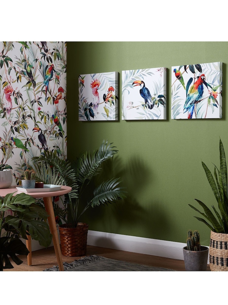 Art For The Home Set of 3 White Tropical Amazon Birds Canvases - Image 1 of 2