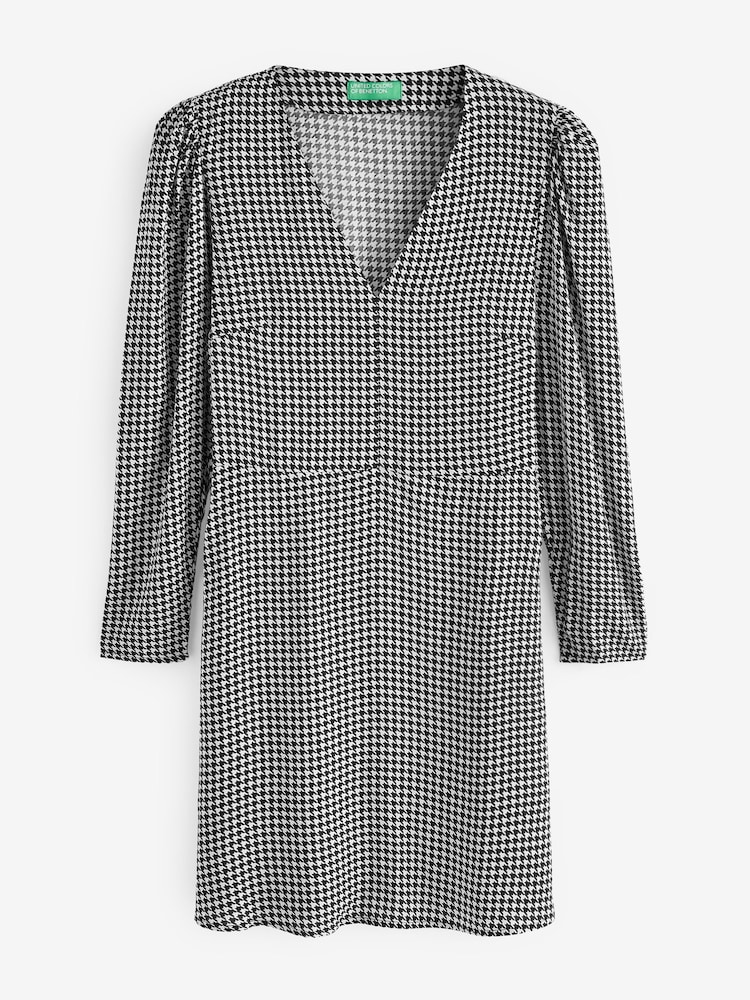 Benetton V-Neck Houndstooth Black Dress - Image 1 of 1
