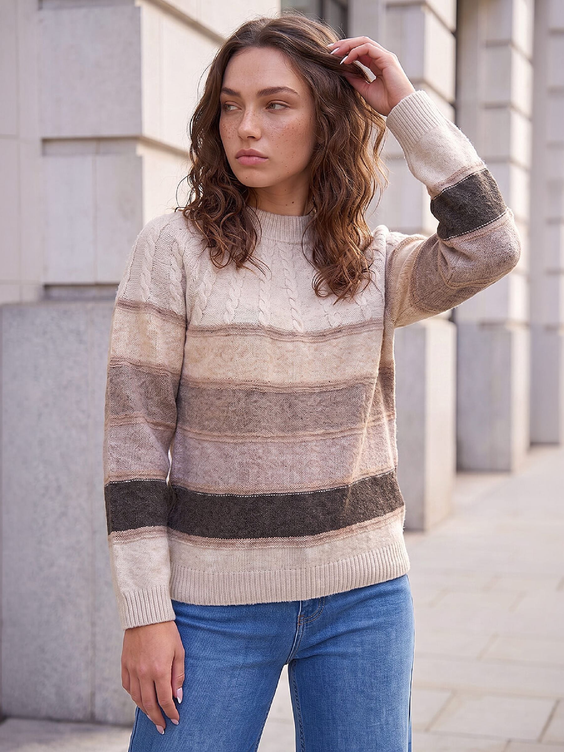 Roman Petite Women's Stone Stripe Cable Knit Jumper Size 18 - Image 4