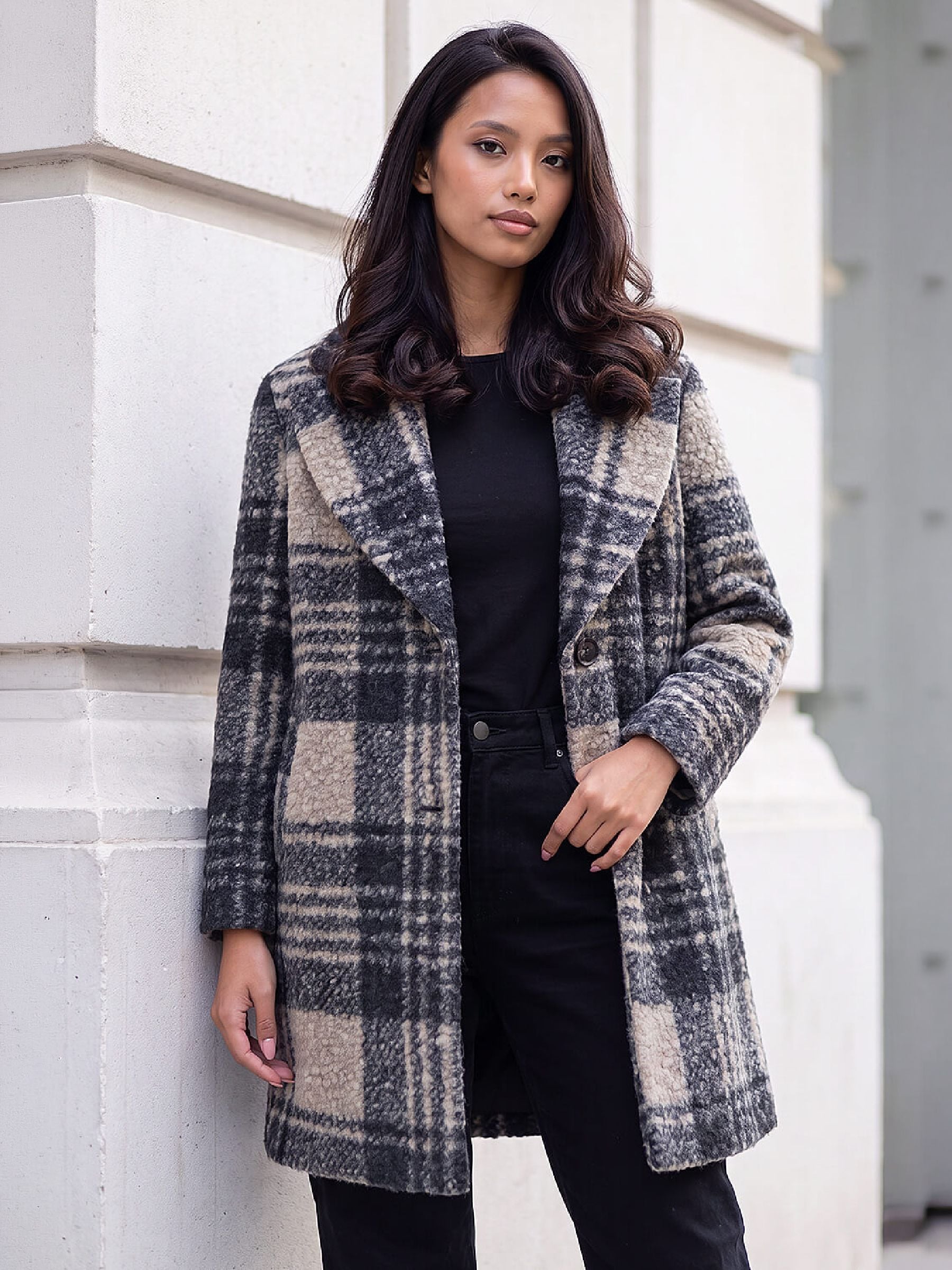 Roman Petite Women's Black Boucle Check Coat Size 18 - Image 2