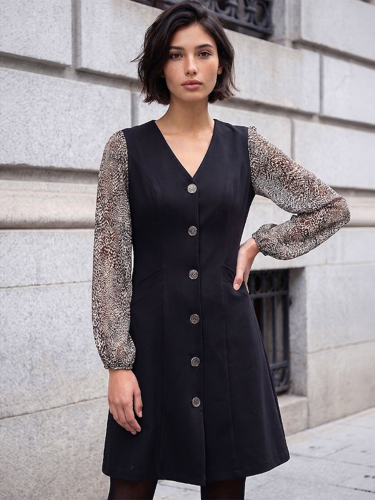 Roman Black Petite Button Dress - Image 1 of 4