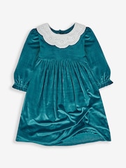 JoJo Maman Bébé Teal Girls' Velour Party Dress With Scallop Collar - Image 1 of 3