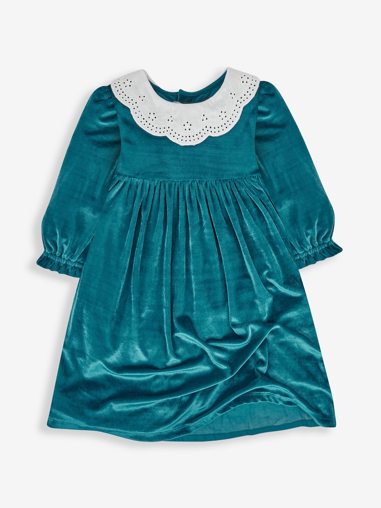 JoJo Maman Bébé Teal Girls' Velour Party Dress With Scallop Collar - Image 1 of 3
