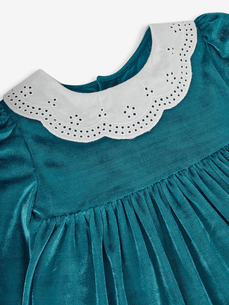 JoJo Maman Bébé Teal Girls' Velour Party Dress With Scallop Collar - Image 2 of 3