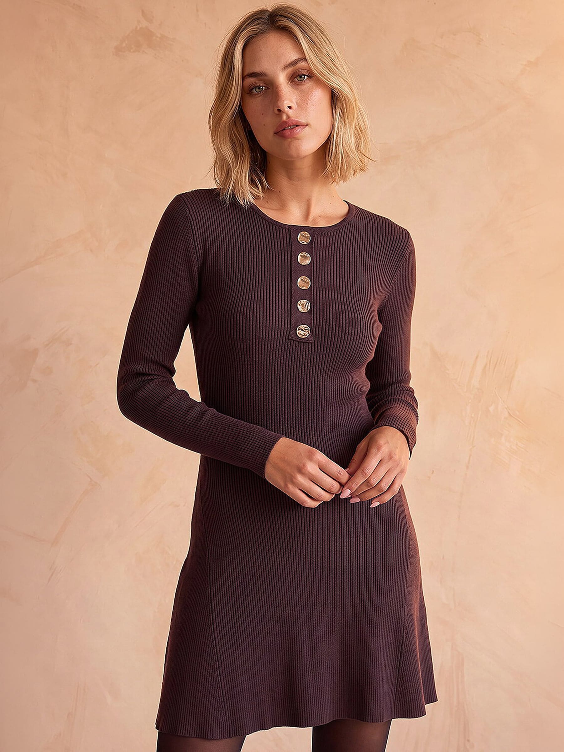Dusk Women's Chocolate Button Detail Knit Dress In | Size: 18 - Image 2
