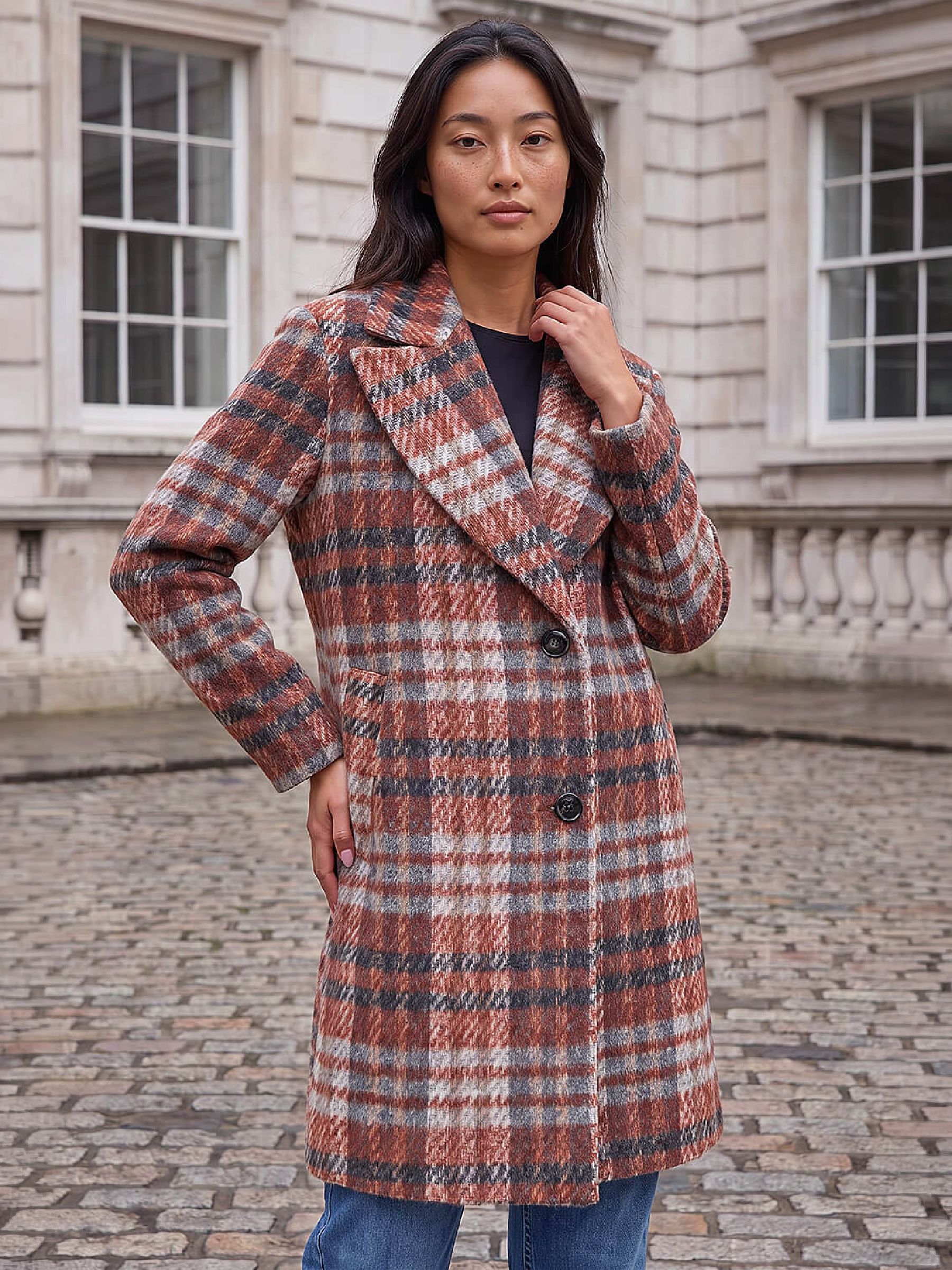 Roman Women's Orange Petite Check Single Breasted Coat In | : Size 8 - Image 7