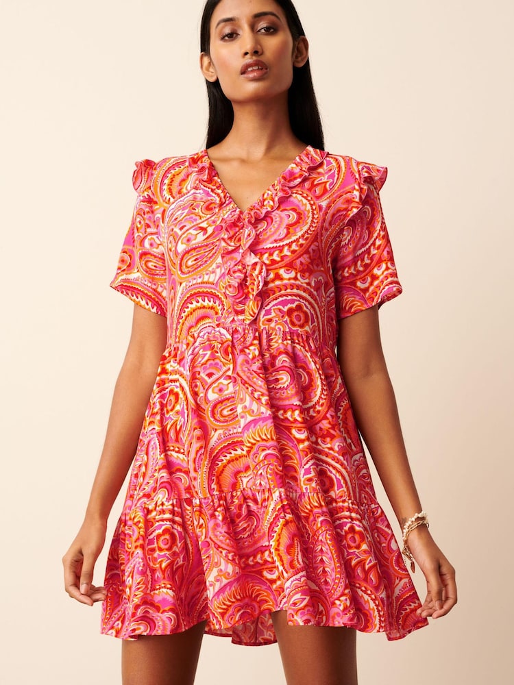 Pink Floral Ruffle Detail Mini Smock Dress - Image 1 of 5 Pink Floral Ruffle Detail Mini Smock Dress - Image 1 of 5