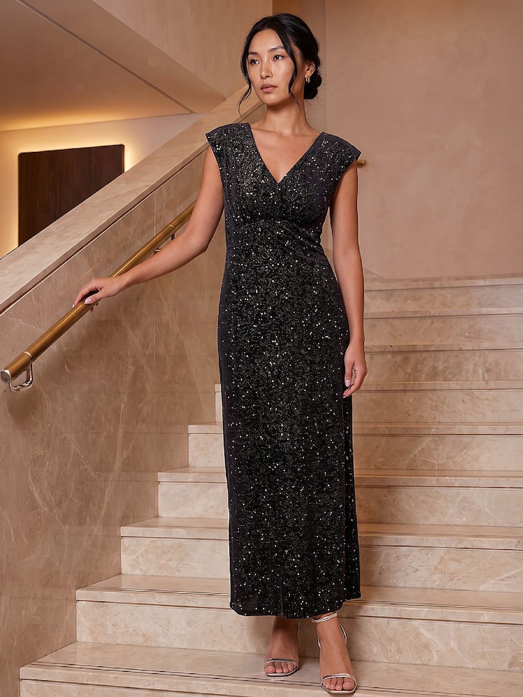 Roman Black Glitter Velvet Dress - Image 2 of 4 Roman Black Glitter Velvet Dress - Image 2 of 4