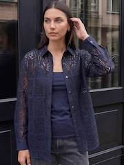 Roman Blue Lace Button Through Collared Shirt - Image 1 of 4