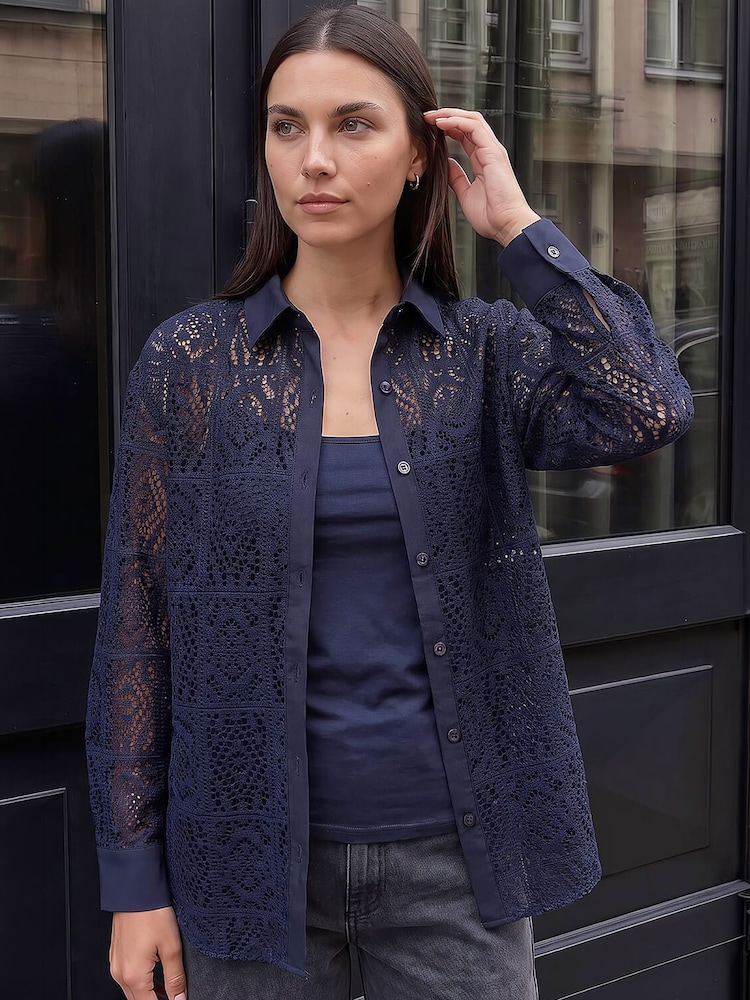 Roman Blue Lace Button Through Collared Shirt - Image 1 of 4 Roman Blue Lace Button Through Collared Shirt - Image 1 of 4