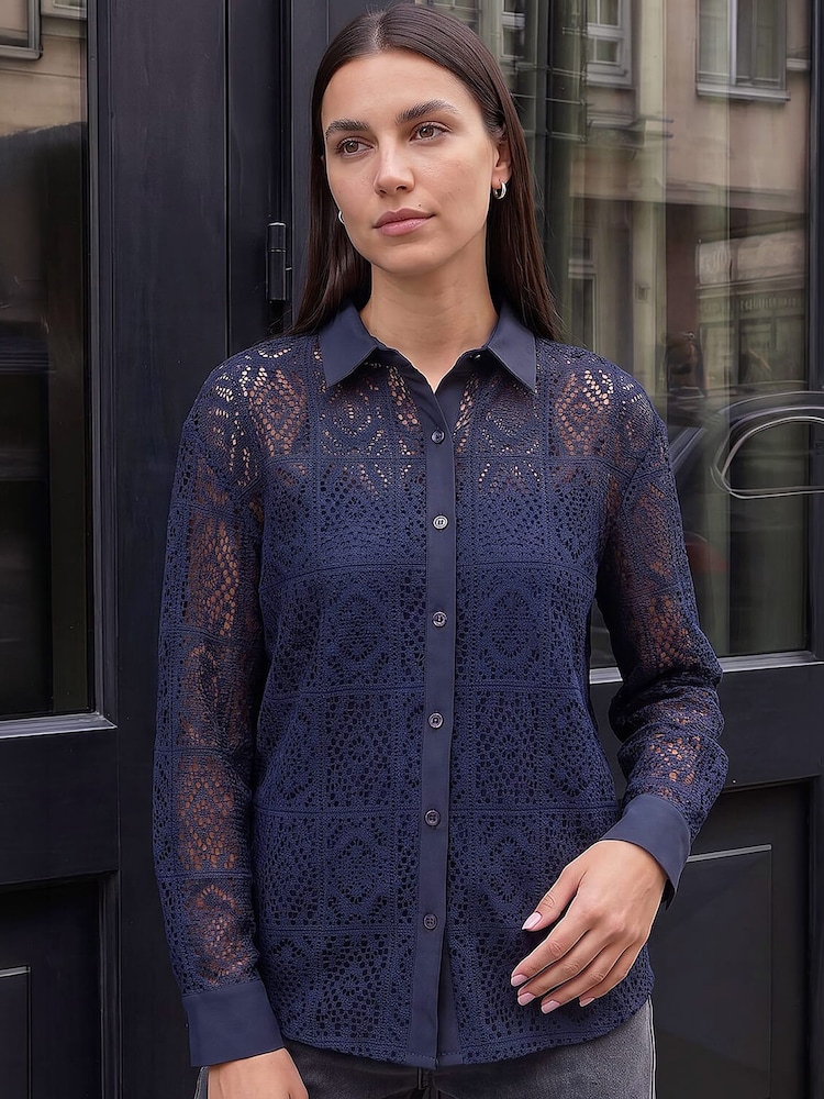 Roman Blue Lace Button Through Collared Shirt - Image 2 of 4 Roman Blue Lace Button Through Collared Shirt - Image 2 of 4