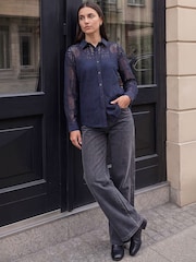 Roman Blue Lace Button Through Collared Shirt - Image 3 of 4