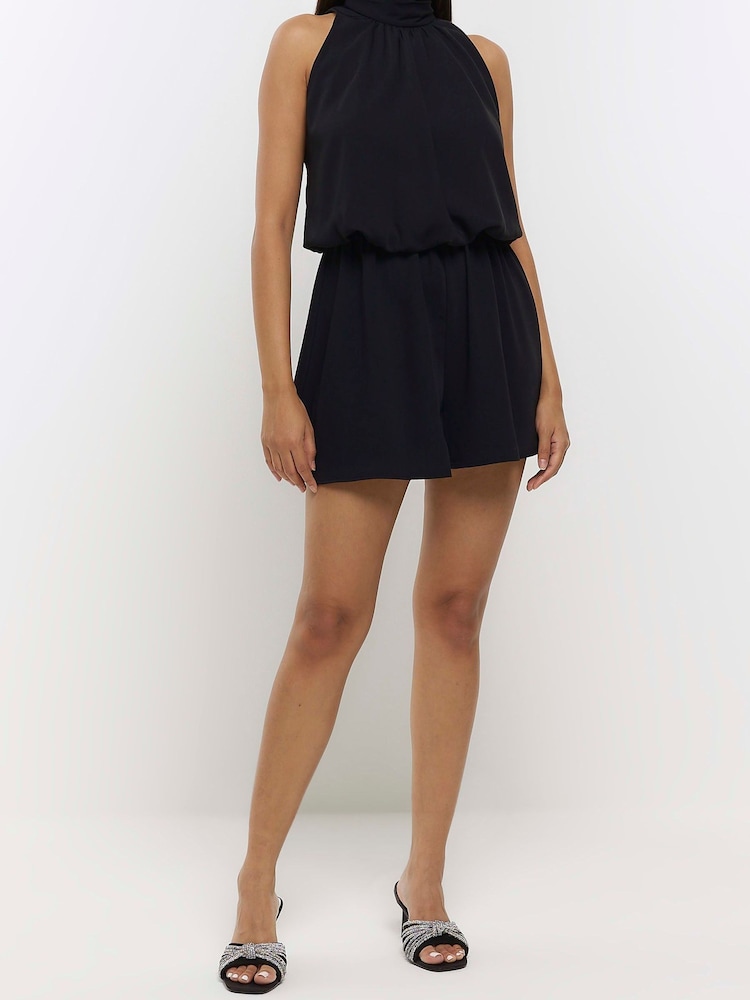 River Island Black Waisted High Neck Playsuit - Image 1 of 6