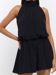 River Island Black Waisted High Neck Playsuit - Image 4 of 6
