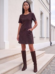 Roman Dark Brown Petite Faux Suede Stitched Dress - Image 2 of 4