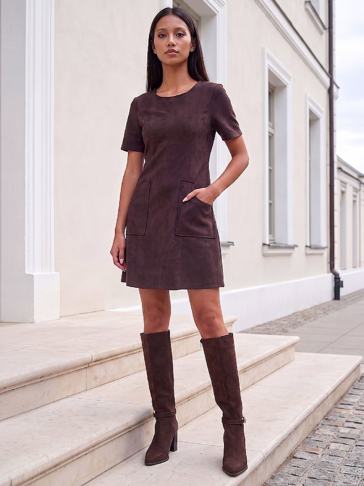 Roman Dark Brown Petite Faux Suede Stitched Dress - Image 2 of 4 Roman Dark Brown Petite Faux Suede Stitched Dress - Image 2 of 4