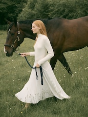 CERENE Bea Cream Long Sleeve Knit Bodice Pleated Skirt Dress - Image 3 of 11