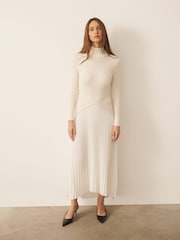 CERENE Bea Cream Long Sleeve Knit Bodice Pleated Skirt Dress - Image 4 of 11