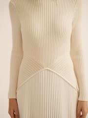 CERENE Bea Cream Long Sleeve Knit Bodice Pleated Skirt Dress - Image 5 of 11