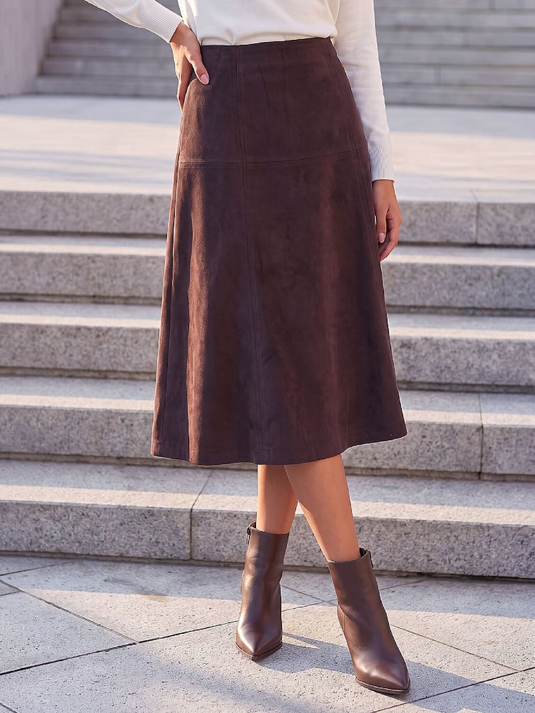 Roman Brown Petite Faux Suede A-Line Skirt - Image 1 of 4 Roman Brown Petite Faux Suede A-Line Skirt - Image 1 of 4