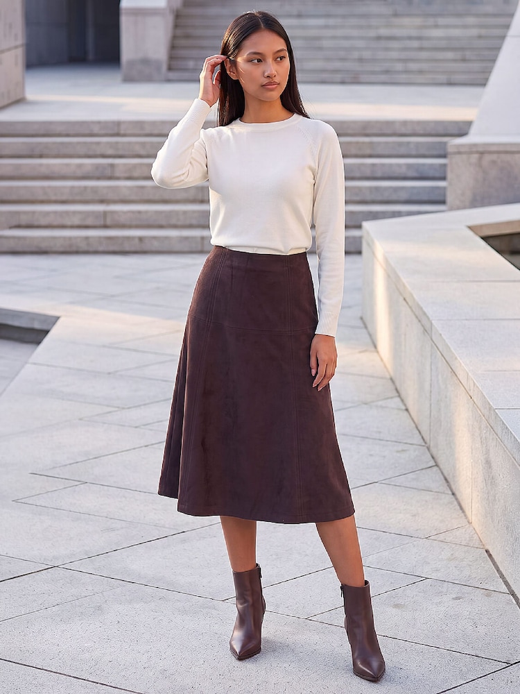 Roman Brown Petite Faux Suede A-Line Skirt - Image 2 of 4 Roman Brown Petite Faux Suede A-Line Skirt - Image 2 of 4