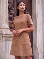 Roman Brown Petite Faux Suede Stitched Dress - Image 1 of 4