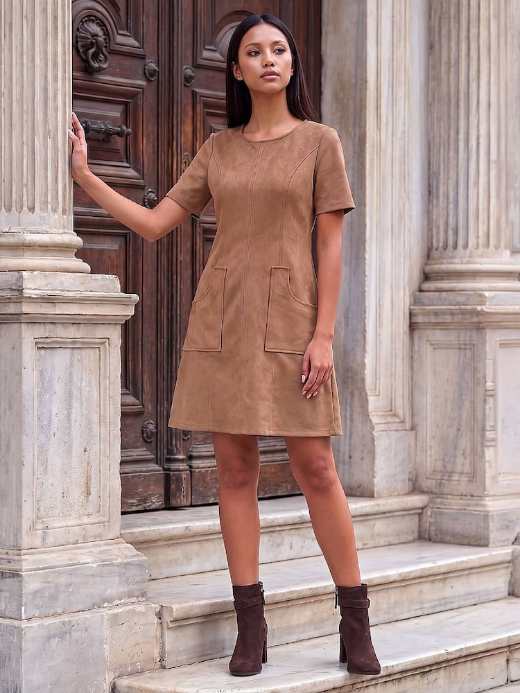 Roman Brown Petite Faux Suede Stitched Dress - Image 2 of 4 Roman Brown Petite Faux Suede Stitched Dress - Image 2 of 4