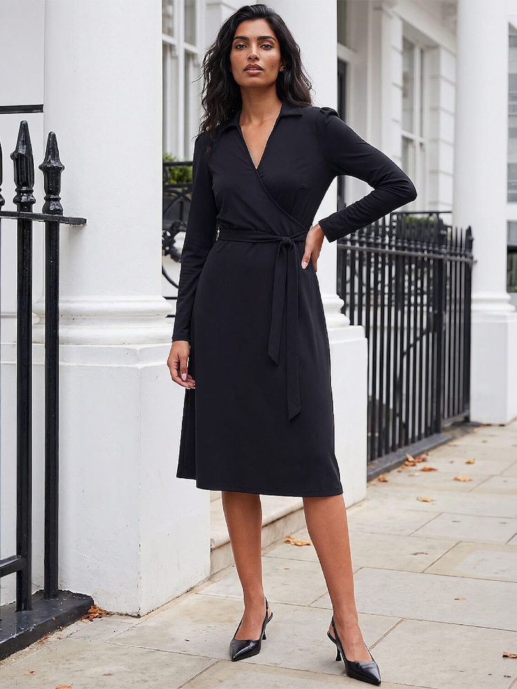 黑色 - Roman Wrap V-Neck Midi Dress - 圖片 2/4