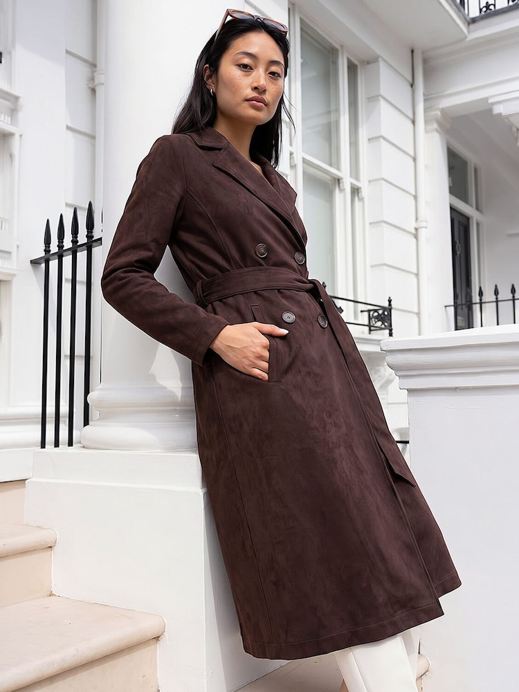 Roman Brown Petite Faux Suede Trench Coat - Image 1 of 4 Roman Brown Petite Faux Suede Trench Coat - Image 1 of 4