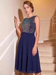 Roman Blue Sequin Bodice Belted Chiffon Dress - Image 1 of 4