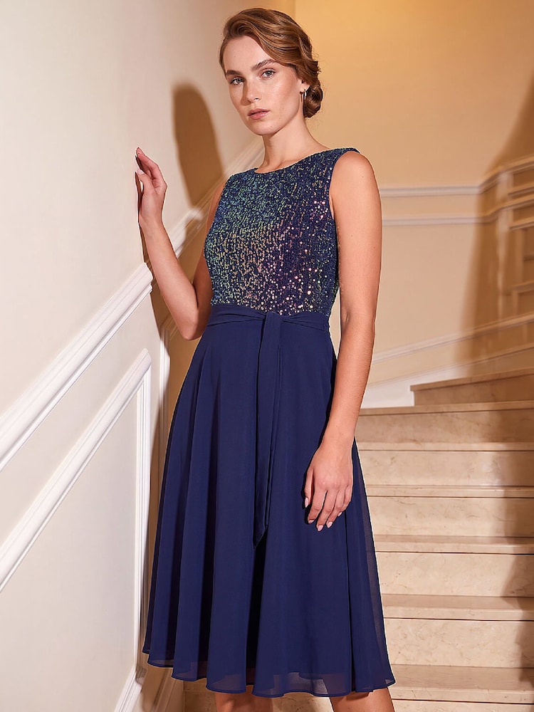 Roman Blue Sequin Bodice Belted Chiffon Dress - Image 1 of 4 Roman Blue Sequin Bodice Belted Chiffon Dress - Image 1 of 4
