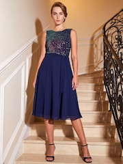 Roman Blue Sequin Bodice Belted Chiffon Dress - Image 2 of 4