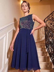 Roman Blue Sequin Bodice Belted Chiffon Dress - Image 3 of 4