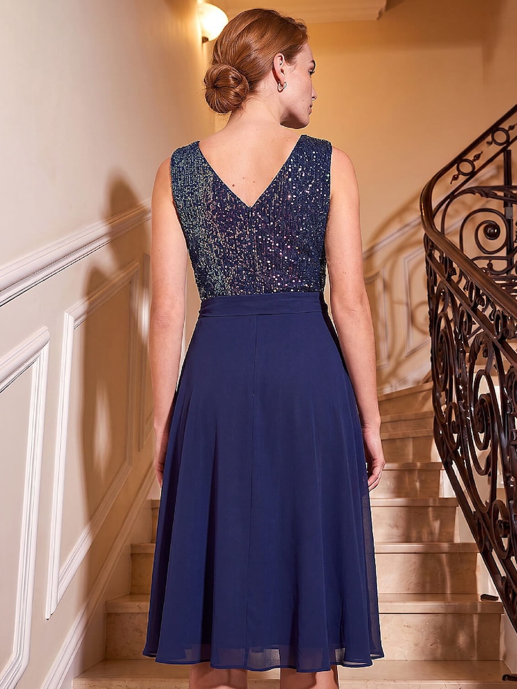Roman Blue Sequin Bodice Belted Chiffon Dress - Image 4 of 4 Roman Blue Sequin Bodice Belted Chiffon Dress - Image 4 of 4