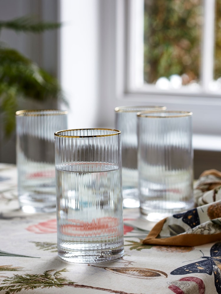 Clarke & Clarke Clear/Gold Denver Set of 4 Tall Tumbler Glasses - Image 1 of 2 Clarke & Clarke Clear/Gold Denver Set of 4 Tall Tumbler Glasses - Image 1 of 2