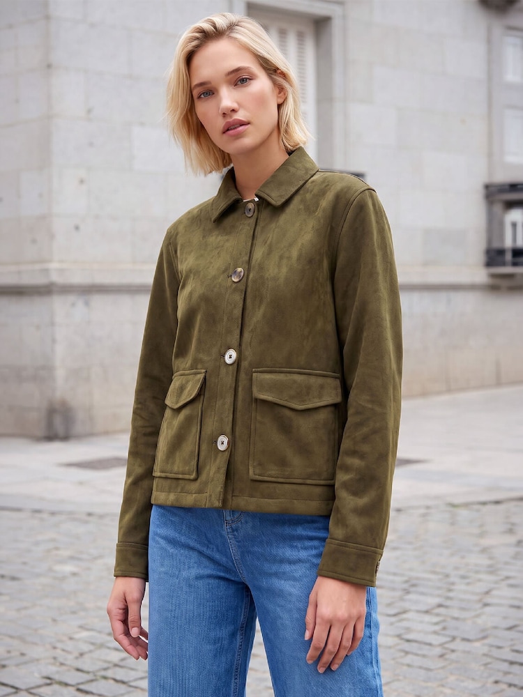 Roman Green Suedette Button Jacket - Image 1 of 4 Roman Green Suedette Button Jacket - Image 1 of 4