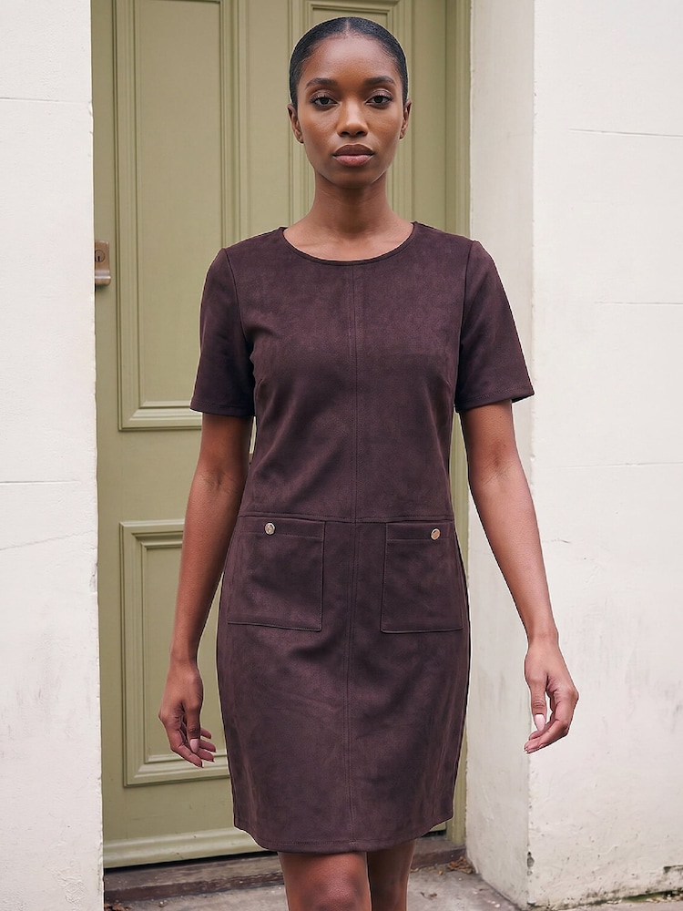 Roman Brown Petite Faux Suede Dress - Image 1 of 4 Roman Brown Petite Faux Suede Dress - Image 1 of 4