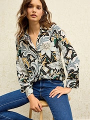 Morris & Co. Severne Floral Black & White Print Textured Long Sleeve Shirt with Pocket - Image 1 of 4