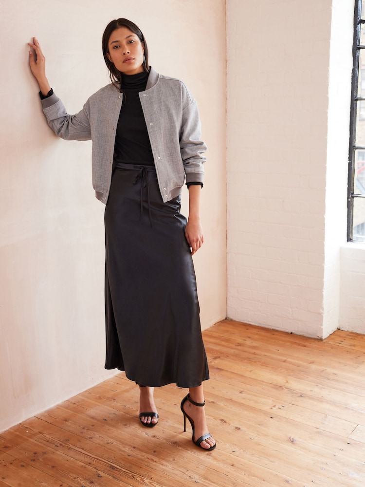 Black Long Length Satin Skirt - Image 1 of 7 Black Long Length Satin Skirt - Image 1 of 7