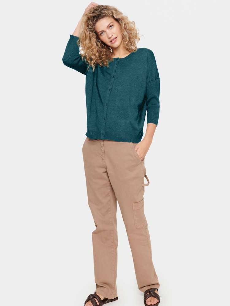 Saint Tropez Green Mila Round Neck 3/4 Sleeve Cardigan - Image 2 of 3 Saint Tropez Green Mila Round Neck 3/4 Sleeve Cardigan - Image 2 of 3