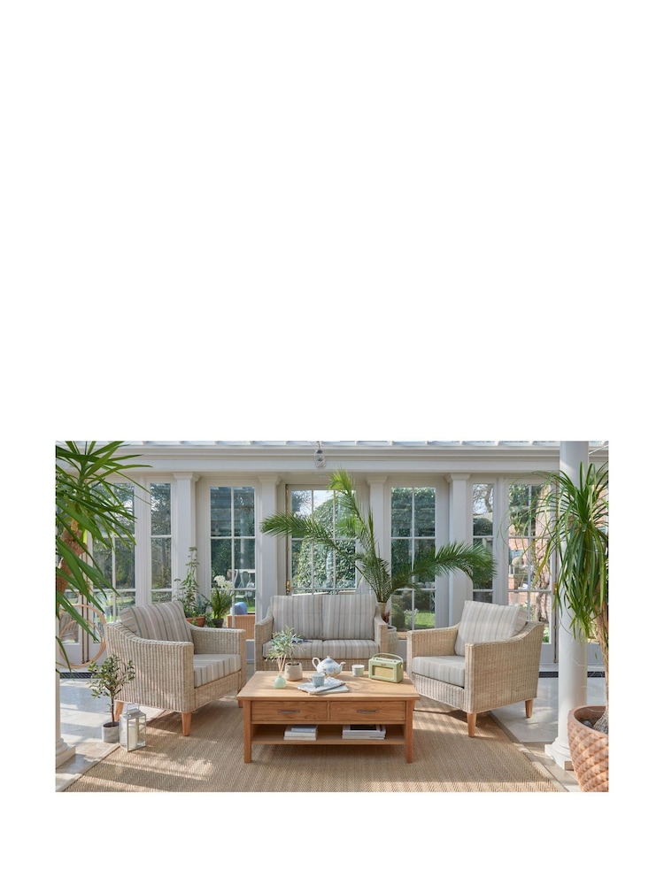 Laura Ashley Duck Egg Blue Garden Bamburgh Indoor Rattan Lounging Set With Luxford Stripe Amethyst Cushions - Image 1 of 4
