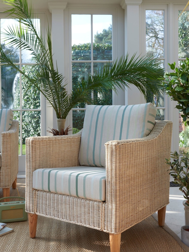 Laura Ashley Duck Egg Blue Garden Bamburgh Indoor Rattan Lounging Set With Luxford Stripe Amethyst Cushions - Image 2 of 4
