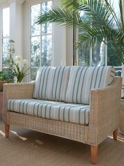 Laura Ashley Duck Egg Blue Garden Bamburgh Indoor Rattan Lounging Set With Luxford Stripe Amethyst Cushions - Image 3 of 4