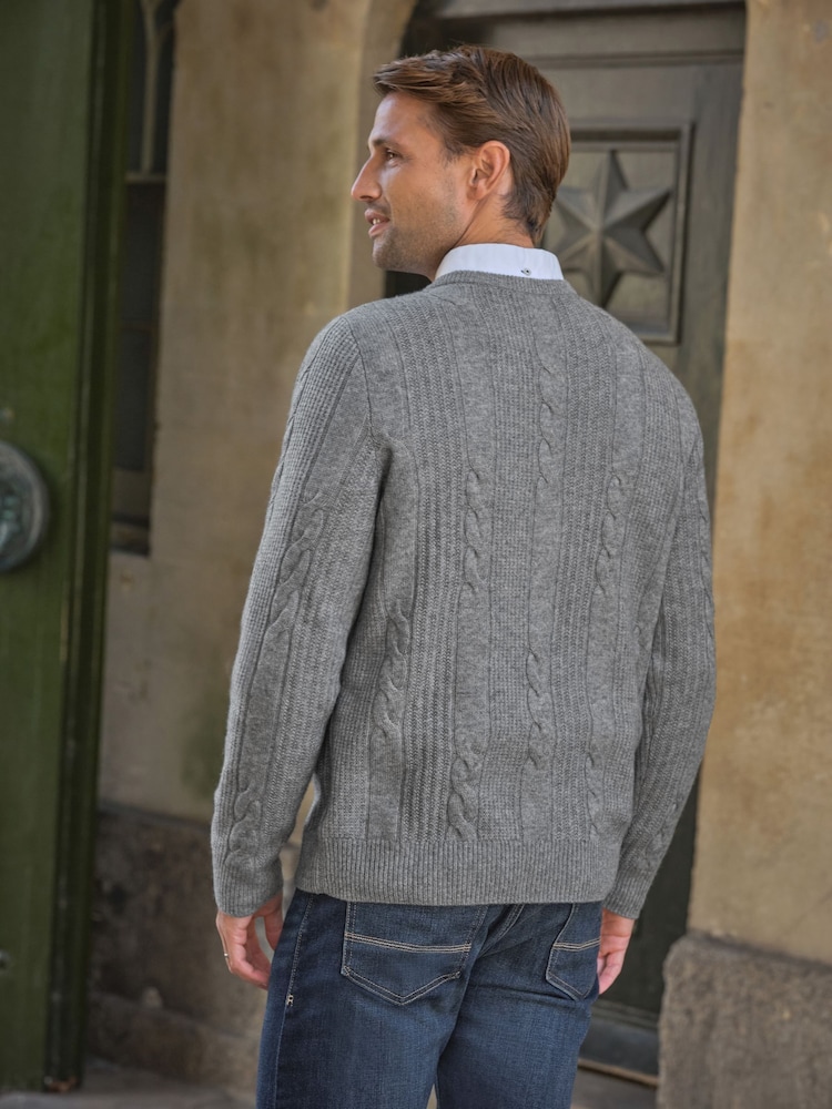 Pure Collection Grey Wool Cashmere Cable Crew Jumper - Image 2 of 3 Pure Collection Grey Wool Cashmere Cable Crew Jumper - Image 2 of 3