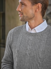 Pure Collection Grey Wool Cashmere Cable Crew Jumper - Image 3 of 3