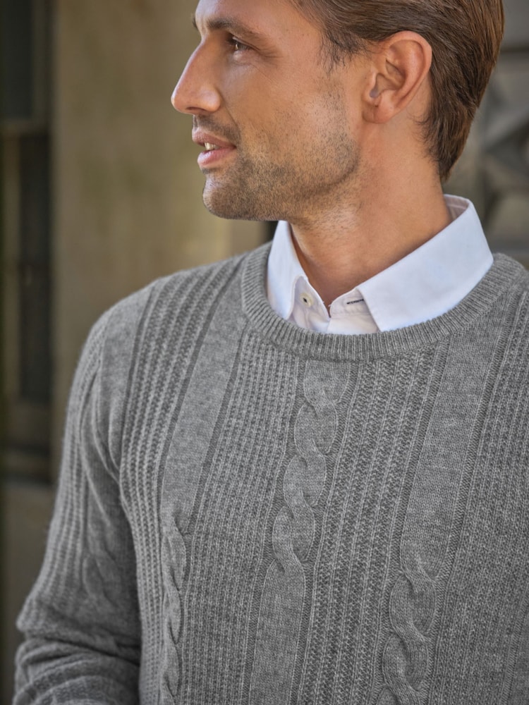 Pure Collection Grey Wool Cashmere Cable Crew Jumper - Image 3 of 3 Pure Collection Grey Wool Cashmere Cable Crew Jumper - Image 3 of 3