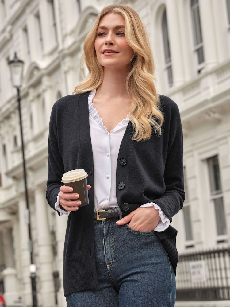 Pure Collection Black Ground Cashmere Boyfriend Cardigan - Image 1 of 3 Pure Collection Black Ground Cashmere Boyfriend Cardigan - Image 1 of 3