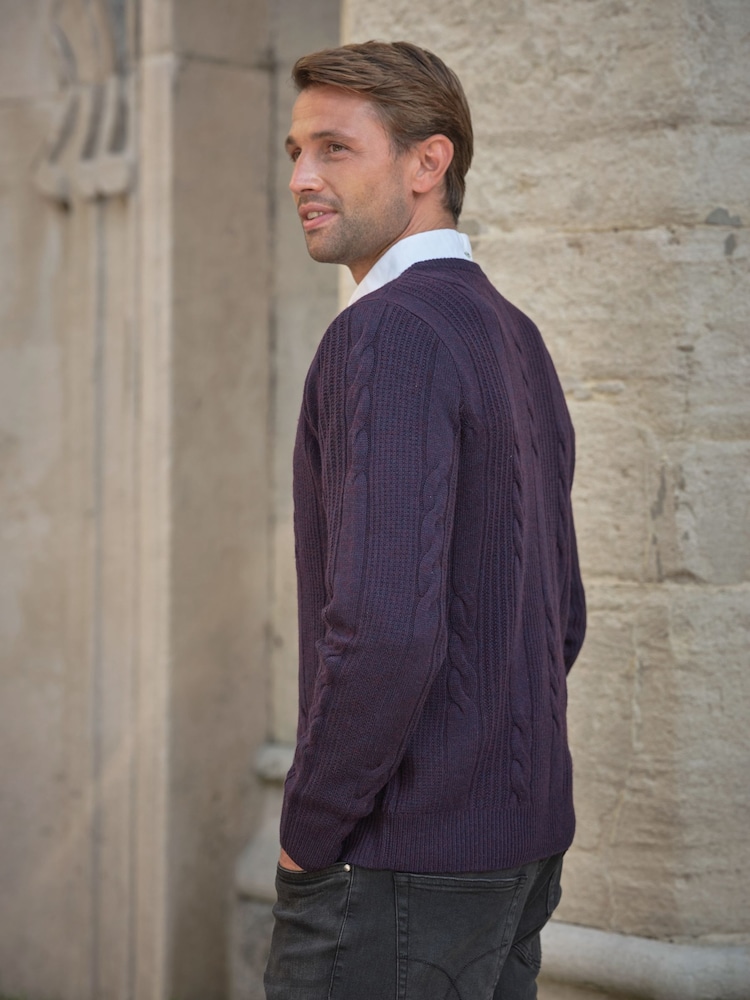 Pure Collection Purple Wool Cashmere Cable Crew Jumper - Image 2 of 3 Pure Collection Purple Wool Cashmere Cable Crew Jumper - Image 2 of 3