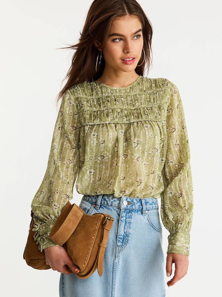 Green Floral Ditsy Sheer Pintuck Pleated Blouse - Image 1 of 6 Green Floral Ditsy Sheer Pintuck Pleated Blouse - Image 1 of 6