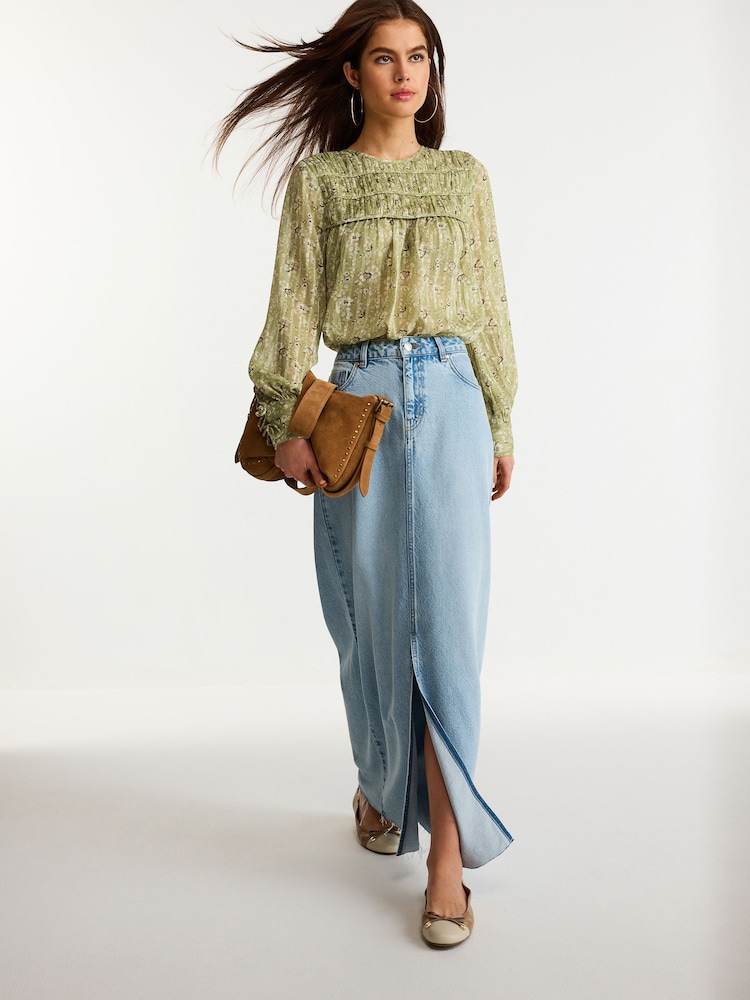 Green Floral Ditsy Sheer Pintuck Pleated Blouse - Image 2 of 6 Green Floral Ditsy Sheer Pintuck Pleated Blouse - Image 2 of 6